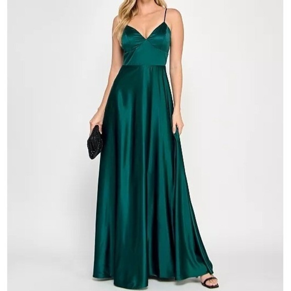 Crystal Doll Sherri Satin Tie Back Hunter A Line Green Gown Dress Juniors 9 NWT